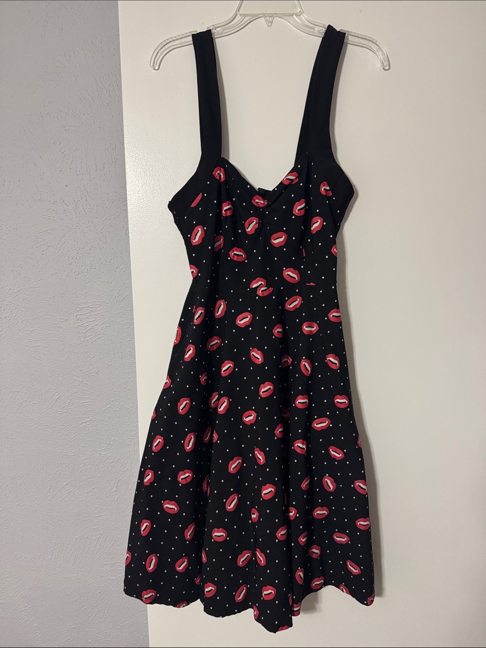 Unique Vintage Black Midi Dress with Red Lip Print